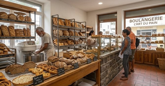 Interieur d'une boulangerie, pains et viennoiseries