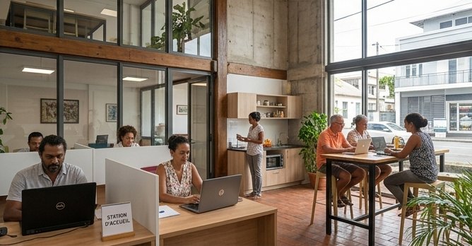 Espace de coworking, postes de travail et ordinateurs portables